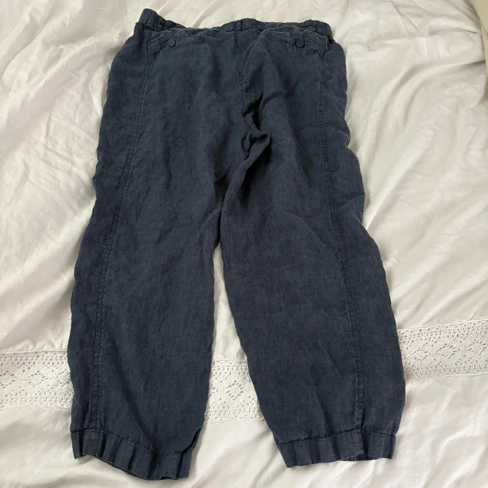 Poetry Tailored Trousers V784 Washed Navy Blue 100% Linen Pants Size 14 cropped - Picture 5 of 6